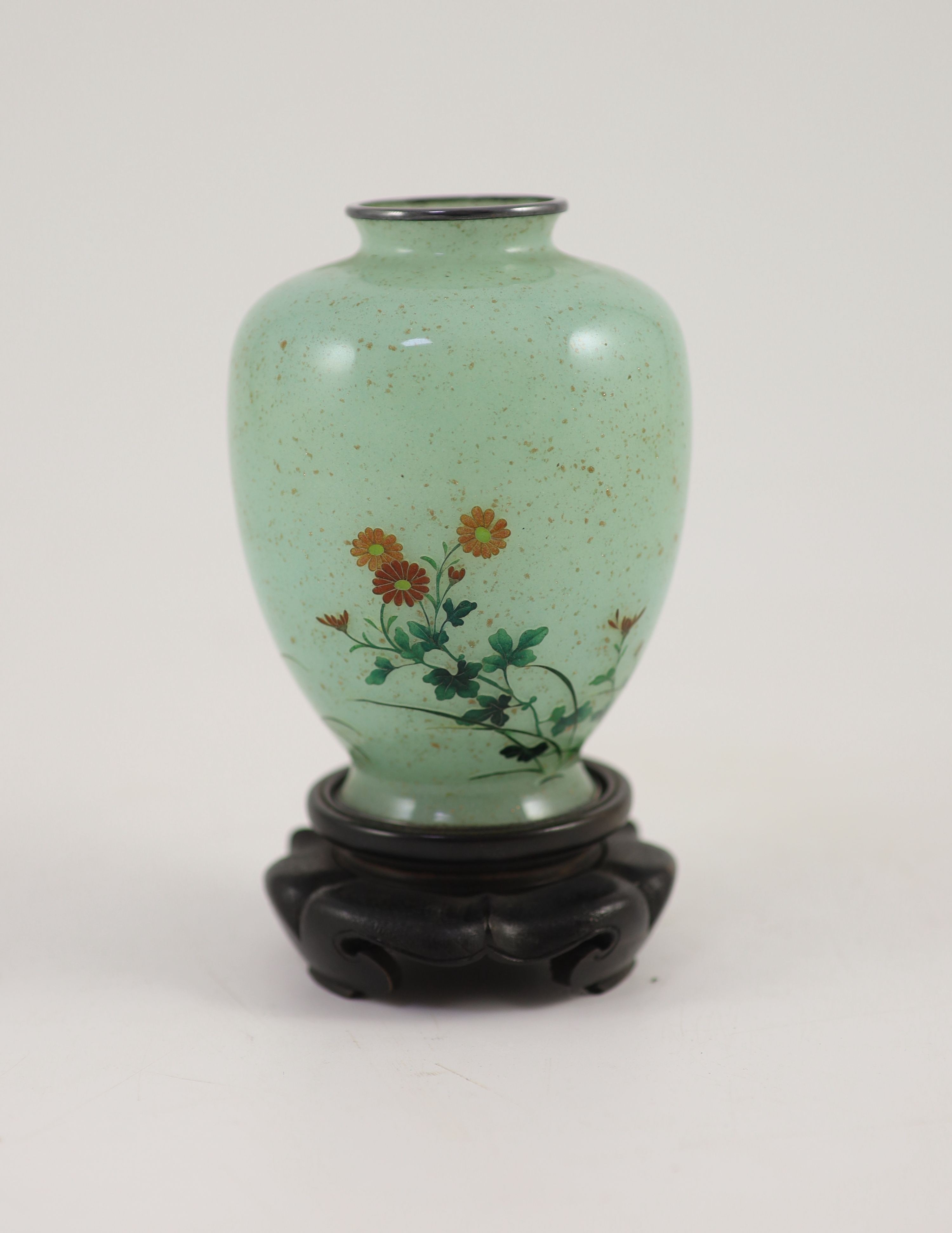A Japanese plique-à-jour enamel vase, early 20th century, 12 cm high, wood stand, internal hairline cracks
